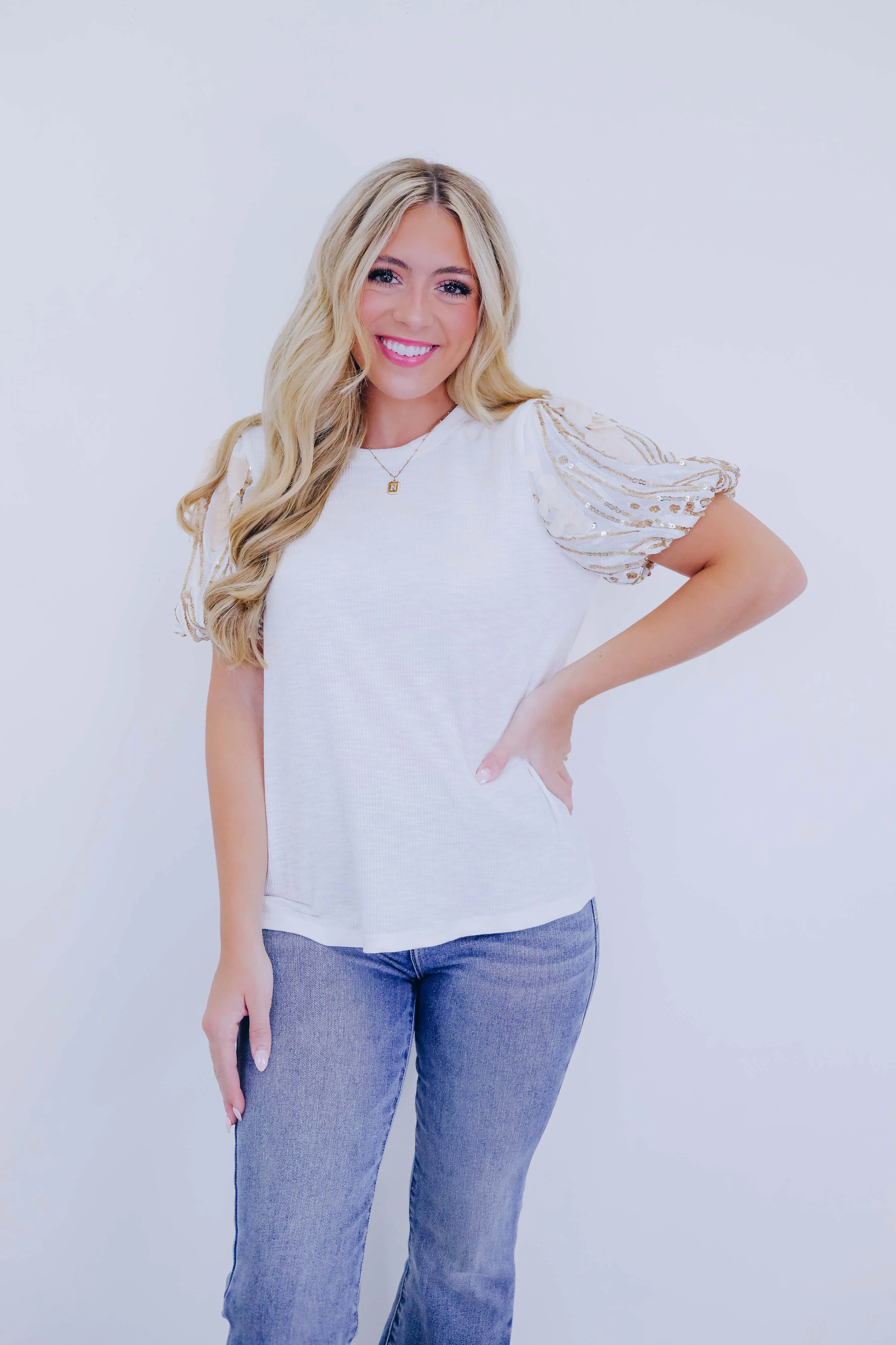 Darci Disc Sequin Puff Sleeve Top - 4 Colors