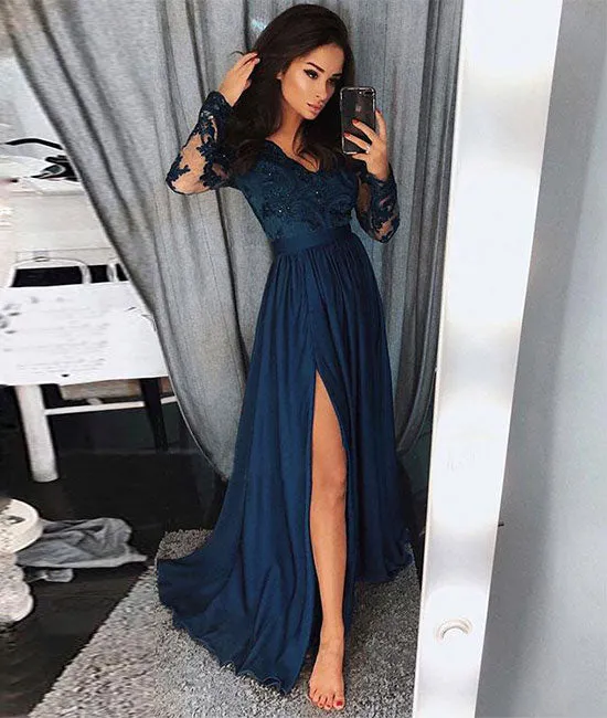 Dark blue lace long prom dress, lace blue bridesmaid dress