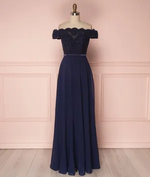 Dark blue off shoulder chiffon lace long prom dress, dark blue bridesmaid dress