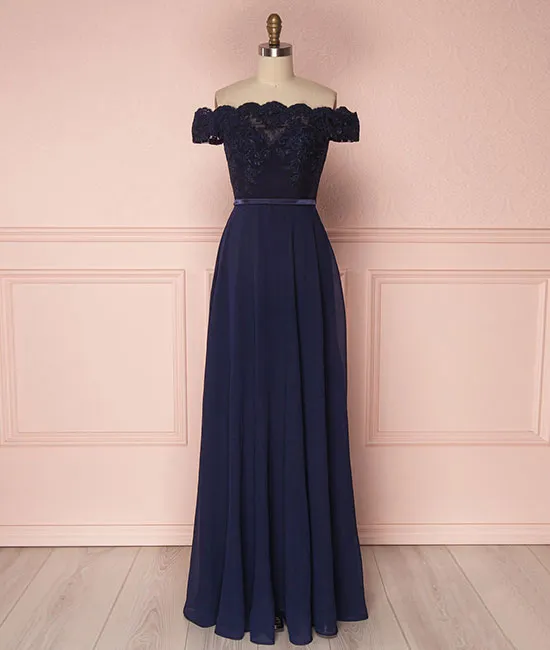 Dark blue off shoulder chiffon lace long prom dress, dark blue bridesmaid dress