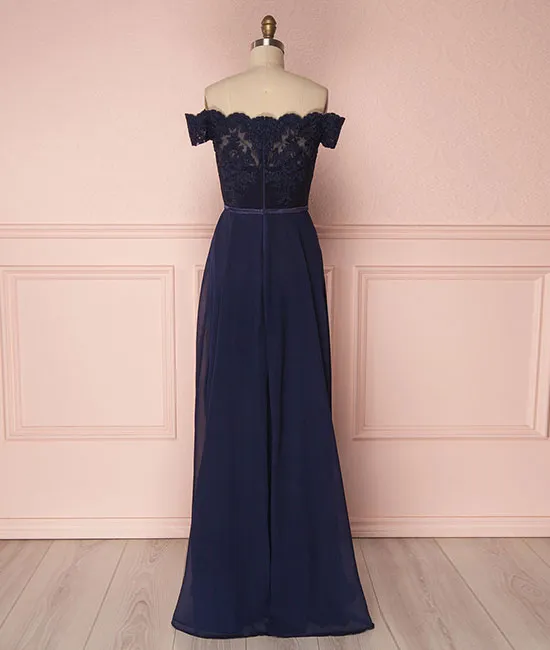 Dark blue off shoulder chiffon lace long prom dress, dark blue bridesmaid dress