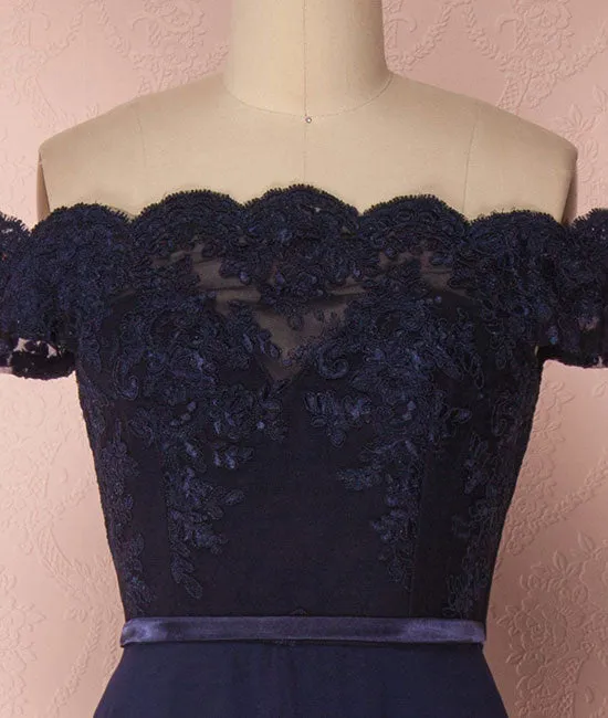 Dark blue off shoulder chiffon lace long prom dress, dark blue bridesmaid dress