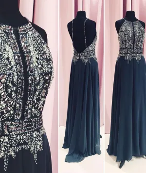 Dark blue round neck sequin chiffon long prom dress, blue evening dress