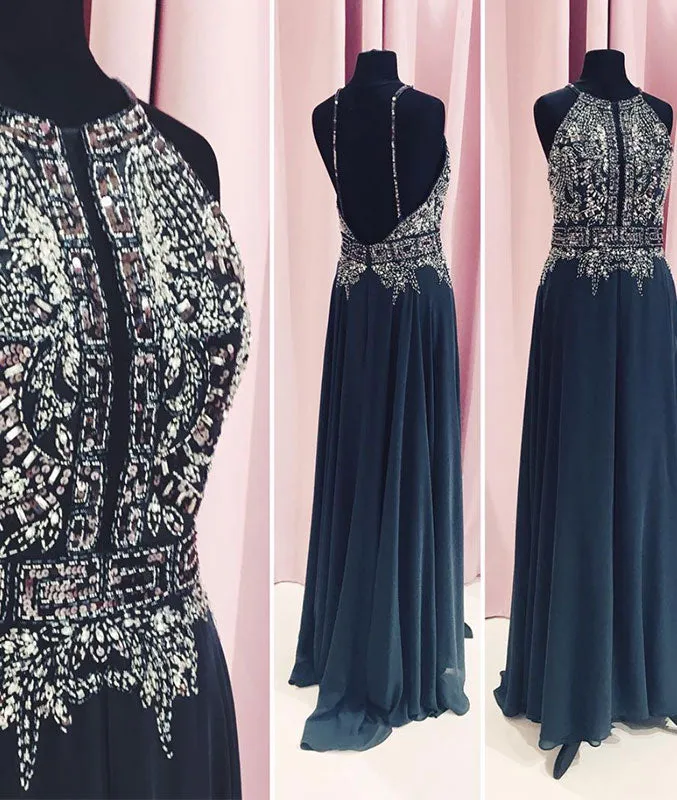 Dark blue round neck sequin chiffon long prom dress, blue evening dress