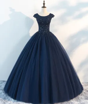 Dark blue round neck tulle lace long prom dress, blue tulle lace evening dress