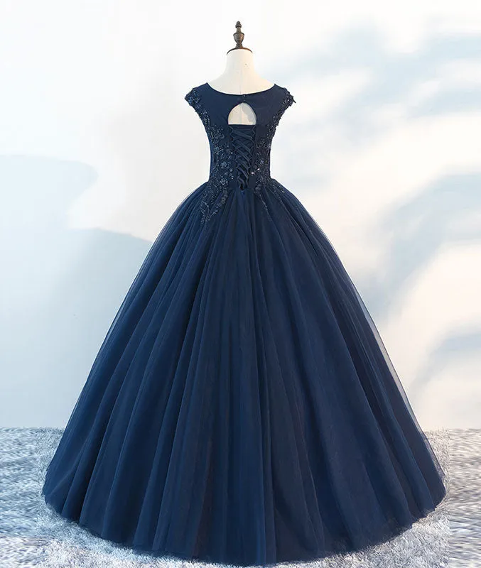 Dark blue round neck tulle lace long prom dress, blue tulle lace evening dress