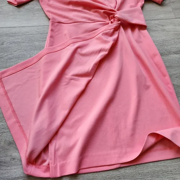 Dkny Coral Pink Dress Womens 10 Faux Wrap Side Knot V Neck Business Wedding Nwt