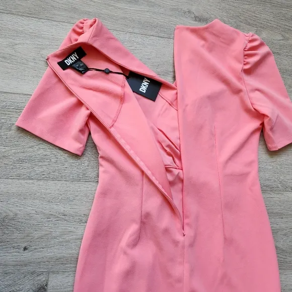 Dkny Coral Pink Dress Womens 10 Faux Wrap Side Knot V Neck Business Wedding Nwt
