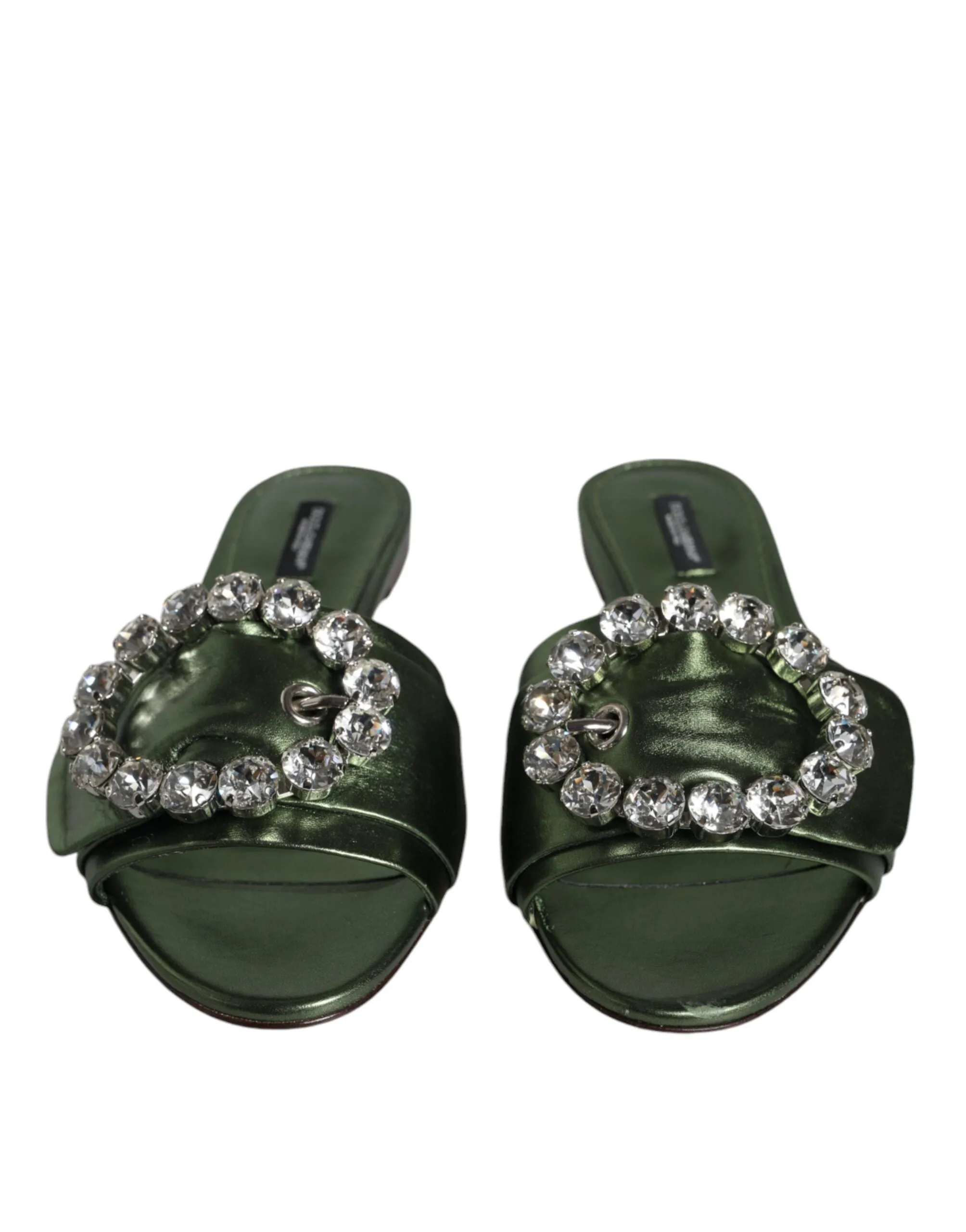 Dolce & Gabbana Metallic Green Crystal Leather Flats Sandals Shoes