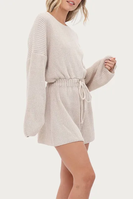 DRAWSTRING-WAIST RIBBED-KNIT ROMPER
