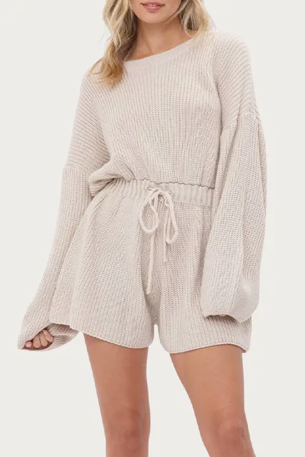 DRAWSTRING-WAIST RIBBED-KNIT ROMPER