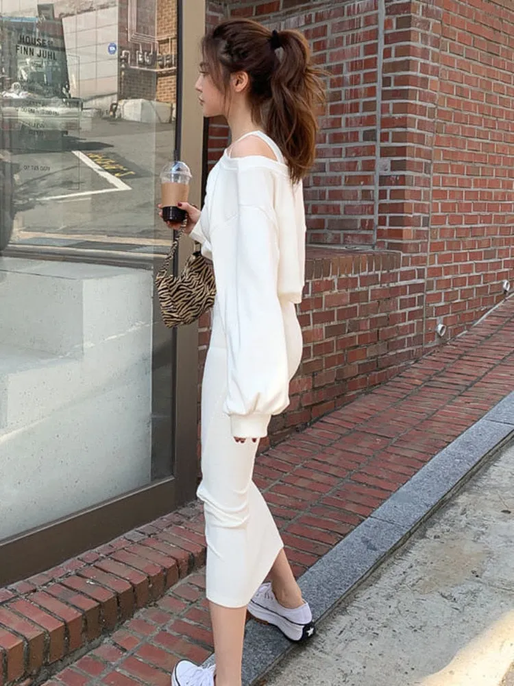 Elegant Women's Loose Pullover Top   Slim Long Dress 2 Piece Suits
