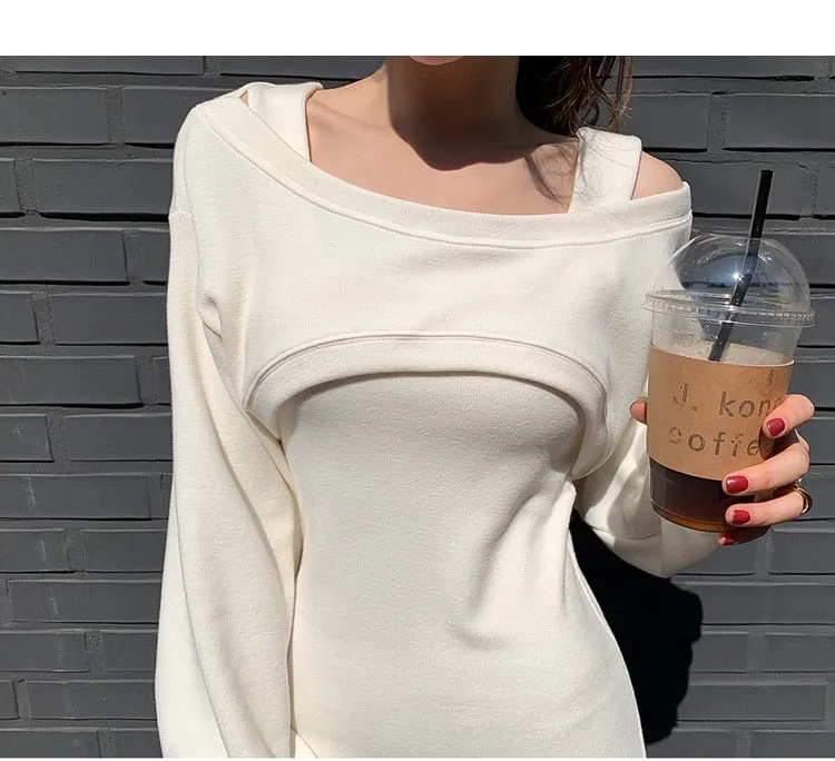 Elegant Women's Loose Pullover Top   Slim Long Dress 2 Piece Suits