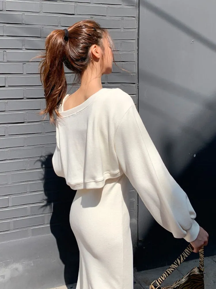 Elegant Women's Loose Pullover Top   Slim Long Dress 2 Piece Suits