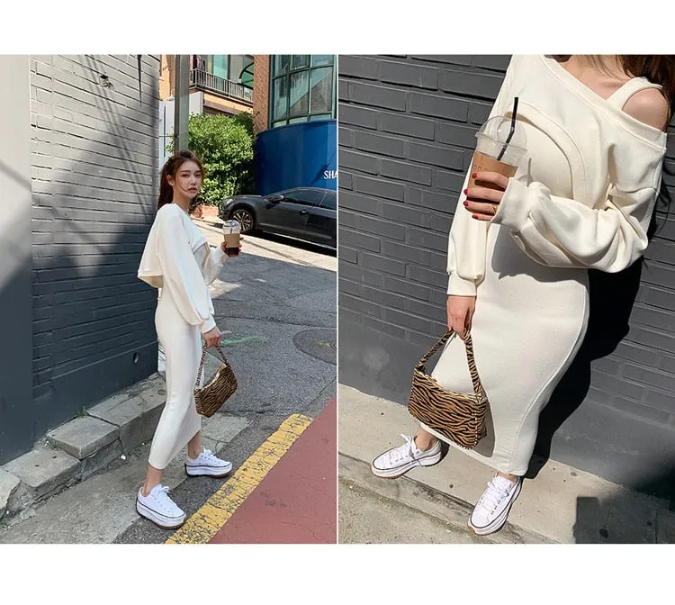 Elegant Women's Loose Pullover Top   Slim Long Dress 2 Piece Suits