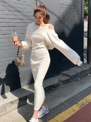 Elegant Women's Loose Pullover Top   Slim Long Dress 2 Piece Suits