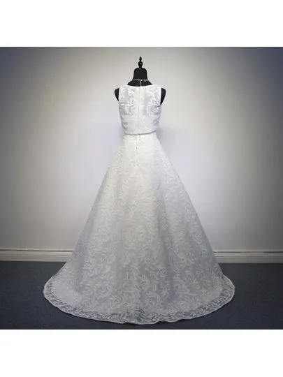 Embroidery Scoop Lace Sweep Train Prom Dress