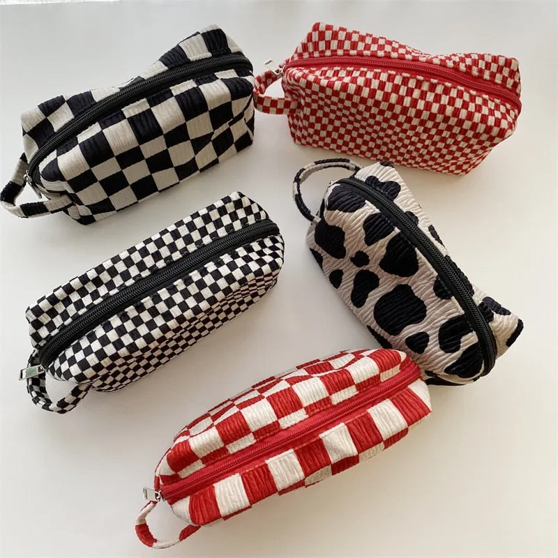 Fashion Velvet Plaid Travel Cosmetic Purse Storage Bag Toiletry Pouch Bag Pencil Cases