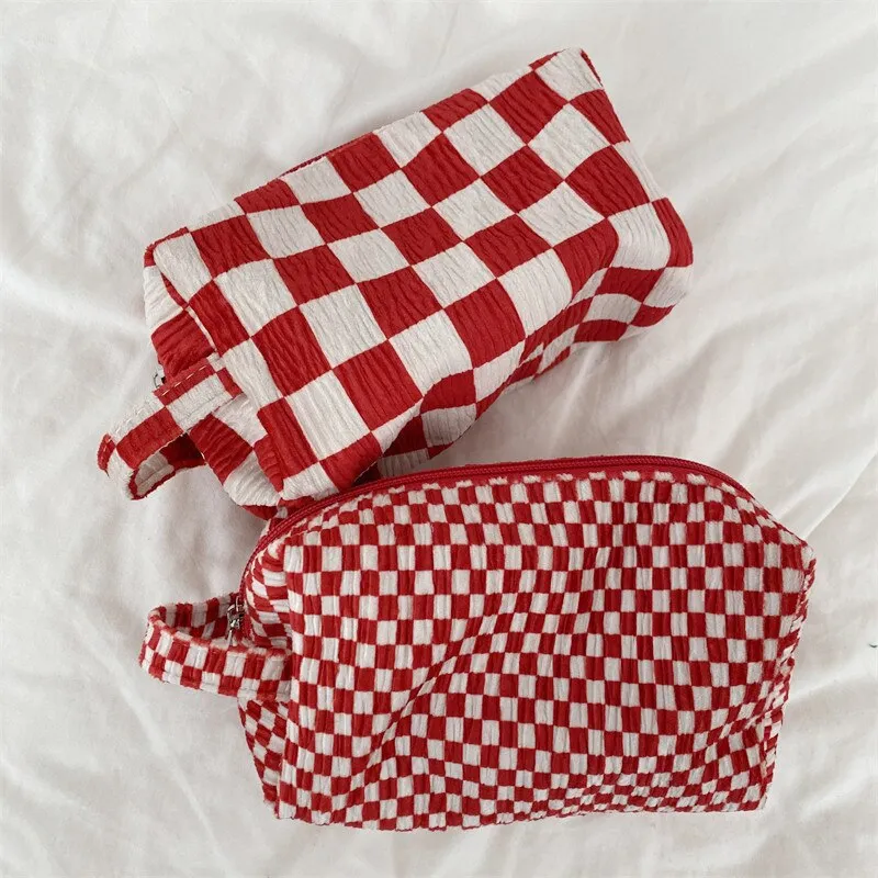 Fashion Velvet Plaid Travel Cosmetic Purse Storage Bag Toiletry Pouch Bag Pencil Cases