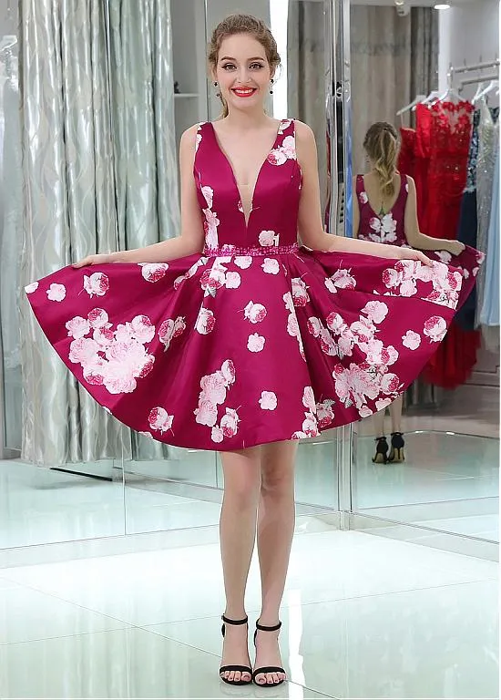 Floral V-cut Back Homecoming Dress