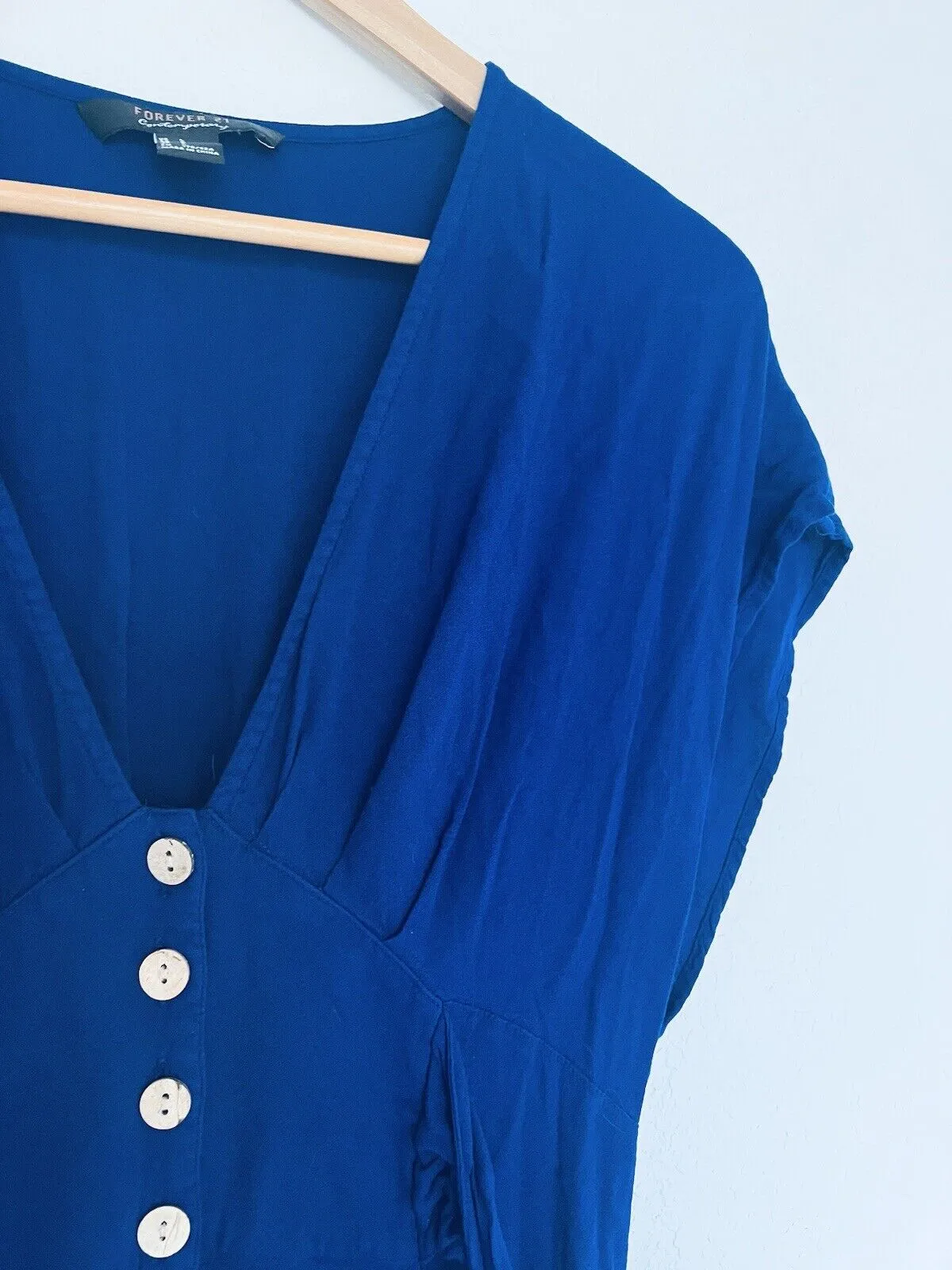 FOREVER 21 Contemporary Button Down Royal Blue Dress Sz L Long Rayon