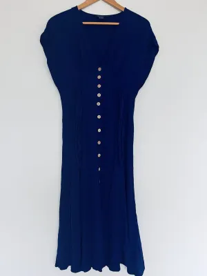 FOREVER 21 Contemporary Button Down Royal Blue Dress Sz L Long Rayon