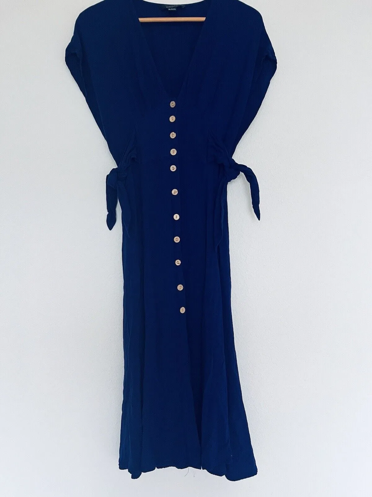 FOREVER 21 Contemporary Button Down Royal Blue Dress Sz L Long Rayon