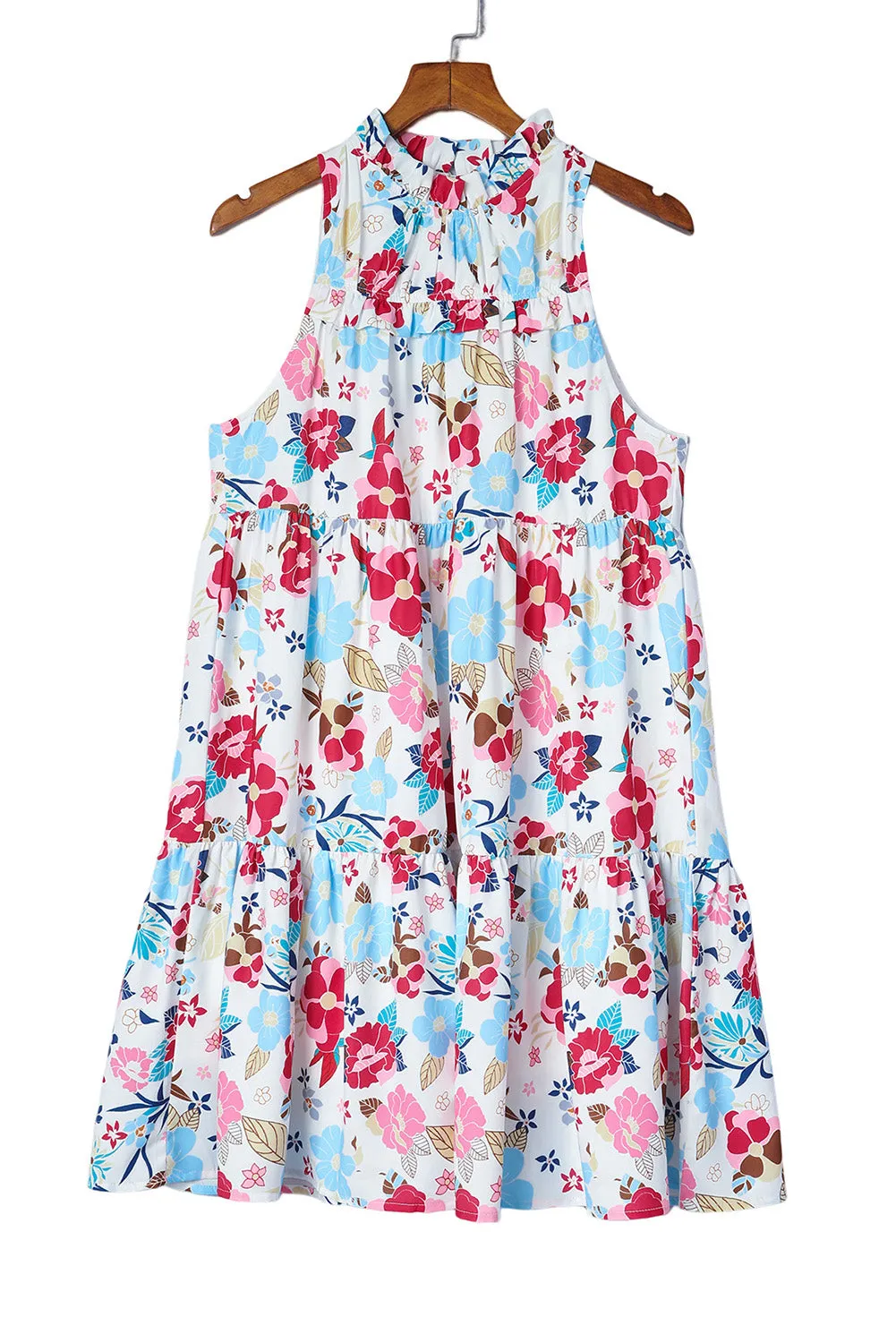 Frill Mock Neck Sleeveless Tiered Floral Dress