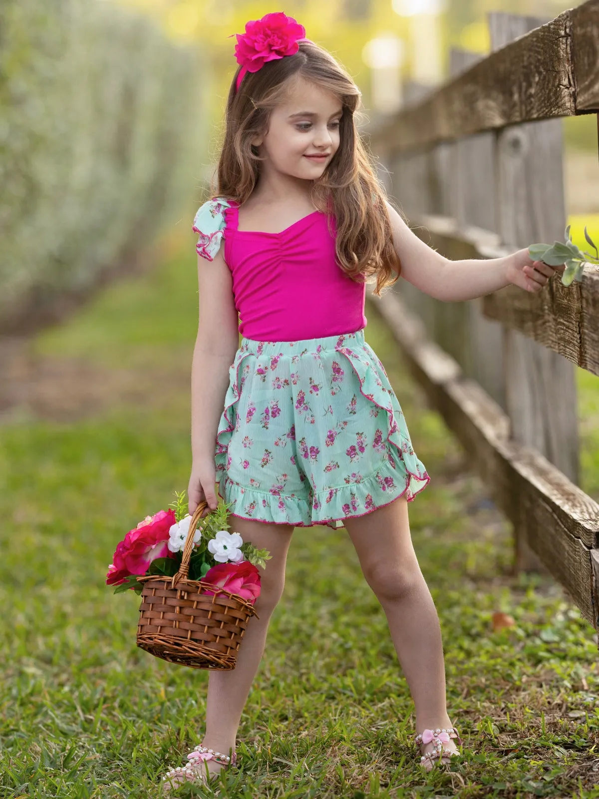 Fuchsia Floral Ruffle Top and Mint Blossom Shorts Set