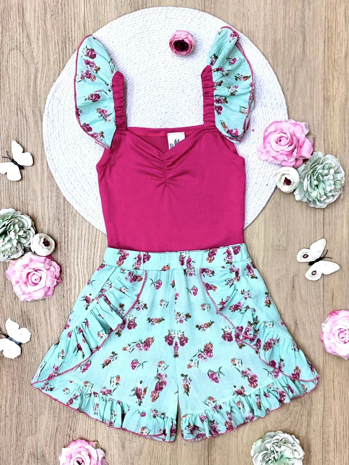 Fuchsia Floral Ruffle Top and Mint Blossom Shorts Set