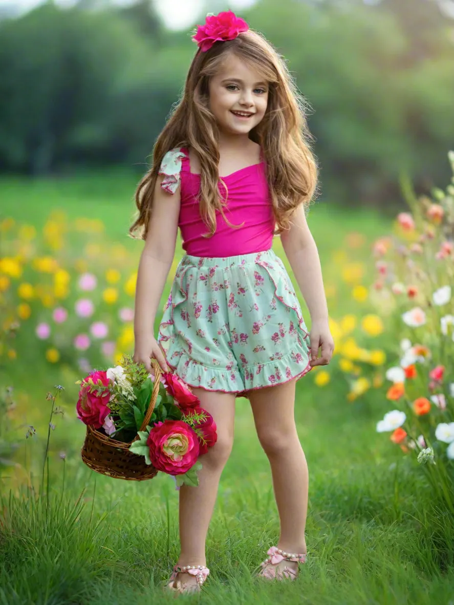 Fuchsia Floral Ruffle Top and Mint Blossom Shorts Set