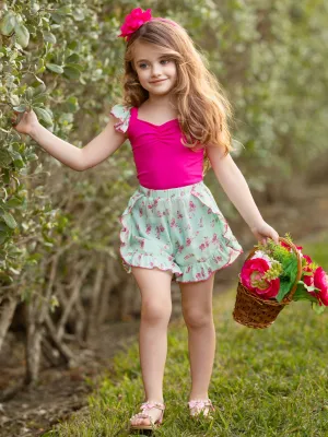 Fuchsia Floral Ruffle Top and Mint Blossom Shorts Set