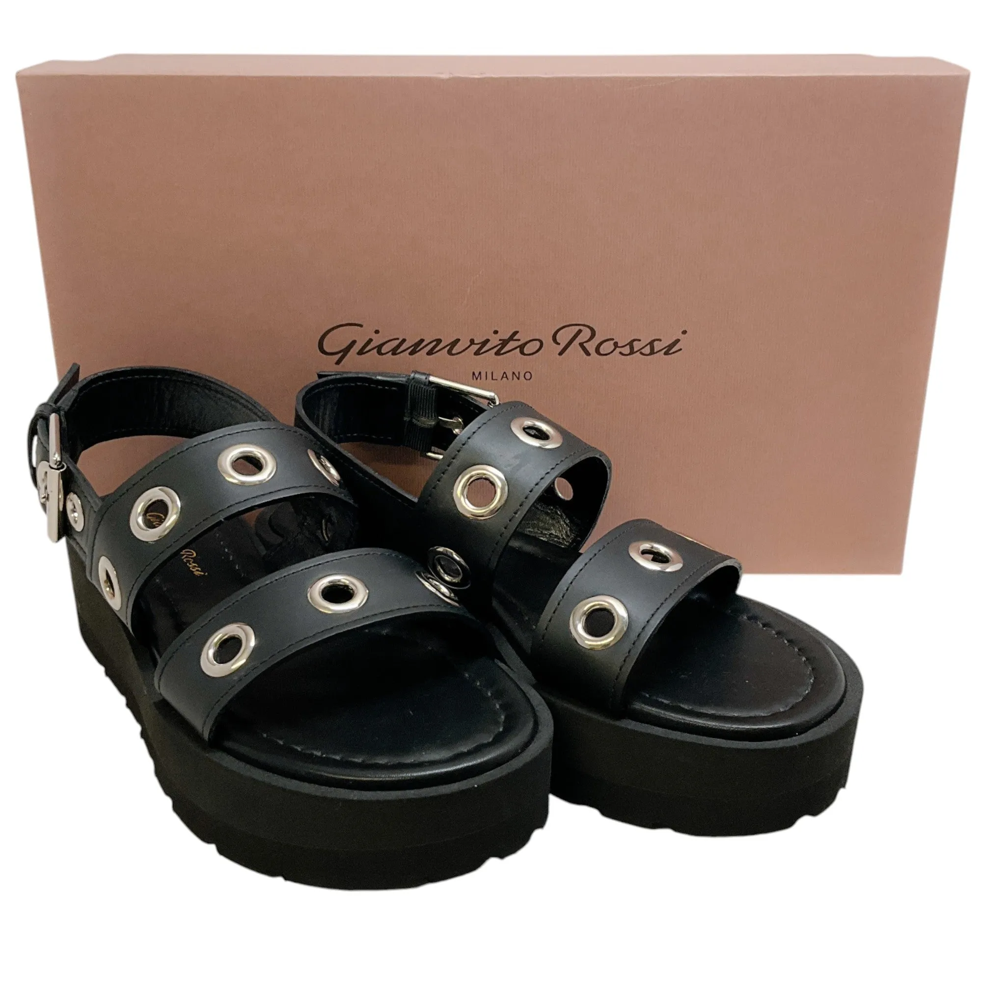 Gianvito Rossi Black Leather Double Strap Platform Sandals with Grommets