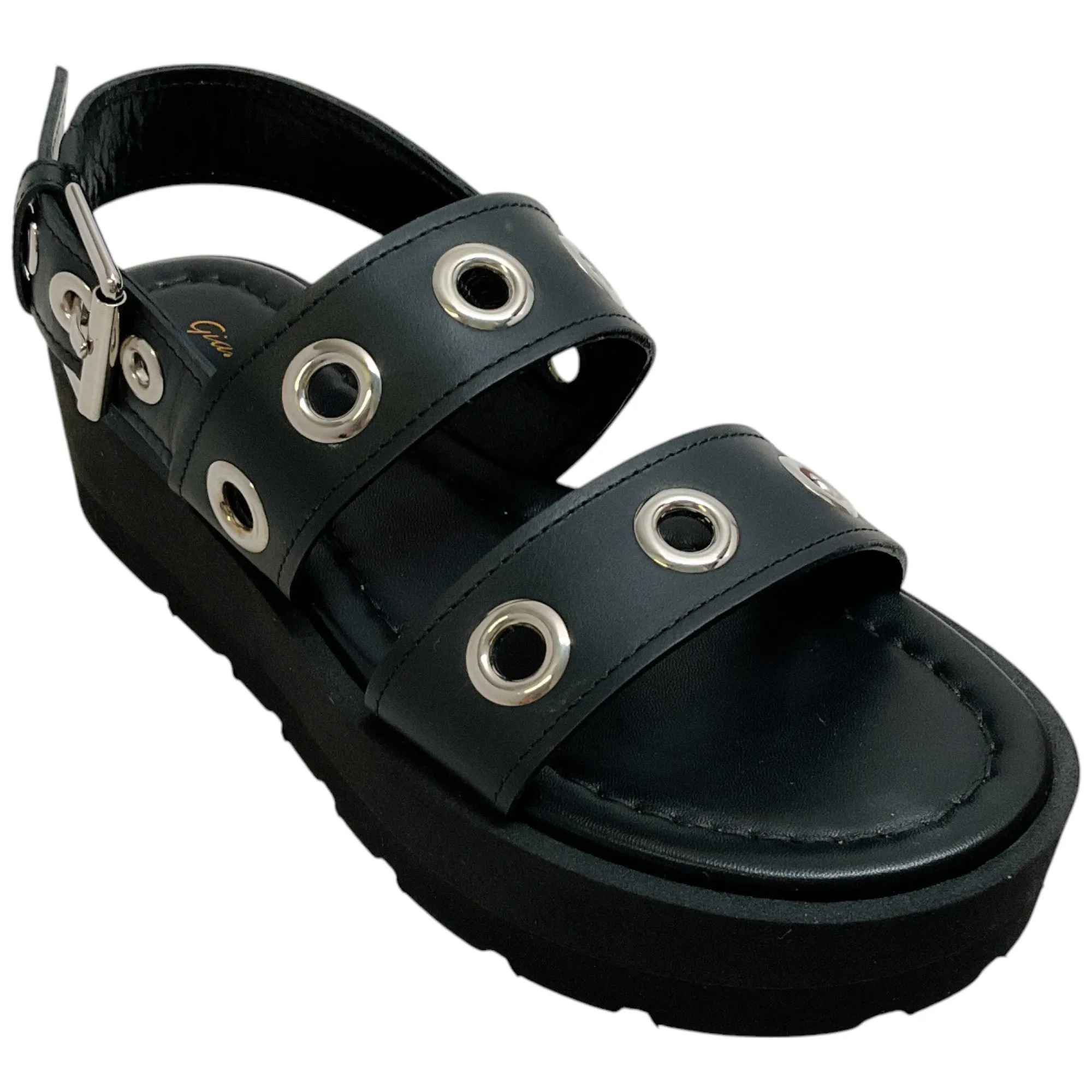 Gianvito Rossi Black Leather Double Strap Platform Sandals with Grommets