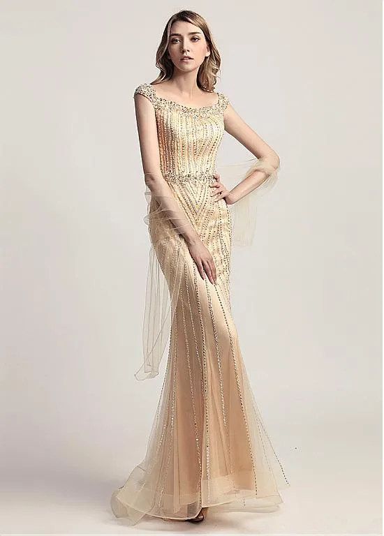 Gold Tulle Scoop Mermaid Evening Dress With Beadings