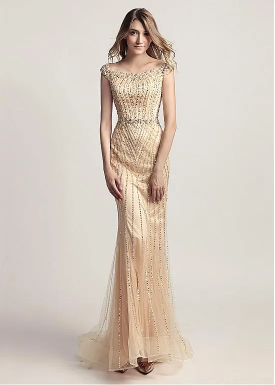 Gold Tulle Scoop Mermaid Evening Dress With Beadings