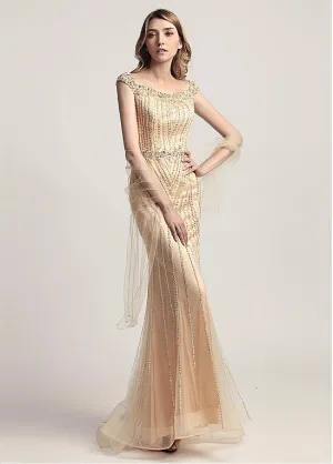 Gold Tulle Scoop Mermaid Evening Dress With Beadings