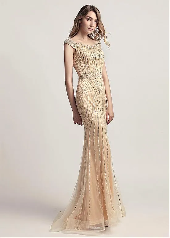 Gold Tulle Scoop Mermaid Evening Dress With Beadings
