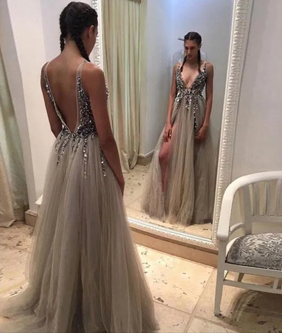 Gray A-line tulle beads sequin long prom dress, gray evening dress