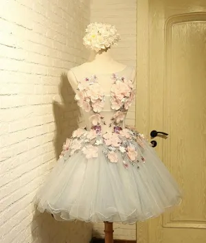 Gray Lace Applique Short Prom Dresses