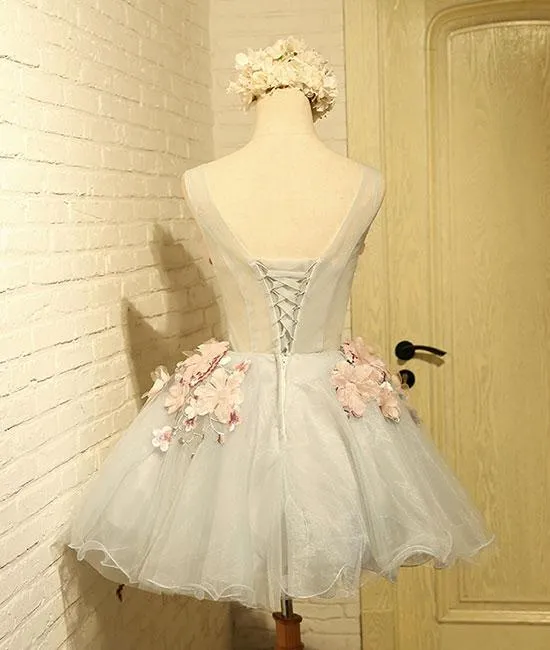 Gray Lace Applique Short Prom Dresses