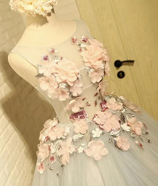 Gray Lace Applique Short Prom Dresses