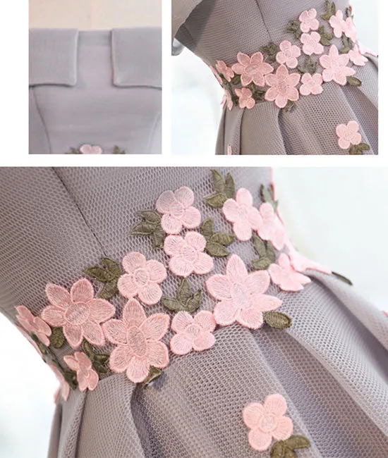 Gray Organza hight-low prom dress, gray bridesmaid dress