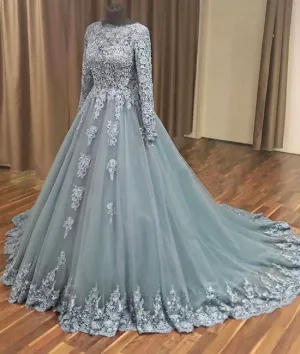 Gray tulle lace applique long prom dress, gray evening dress