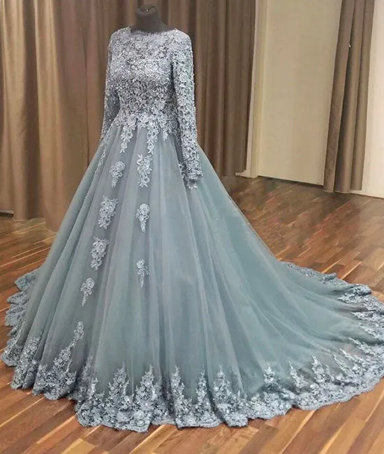 Gray tulle lace applique long prom dress, gray evening dress