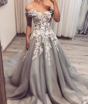 Gray tulle lace applique long prom dress, gray tulle evening dress