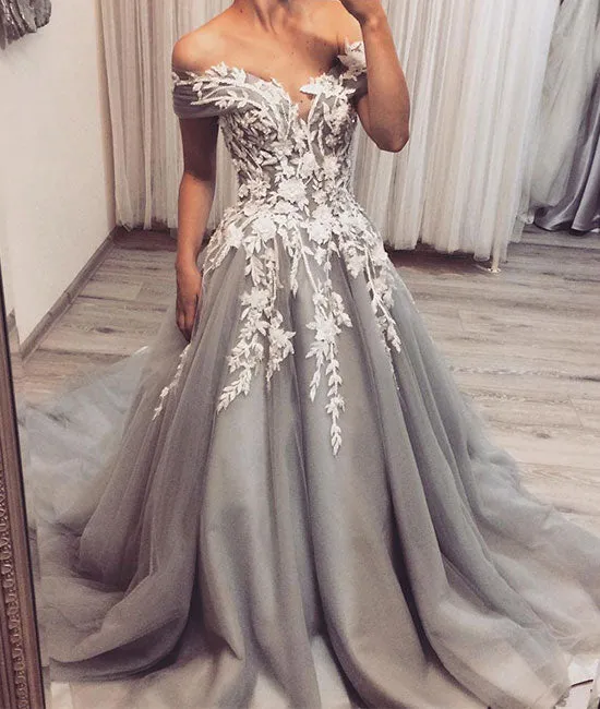 Gray tulle lace applique long prom dress, gray tulle evening dress