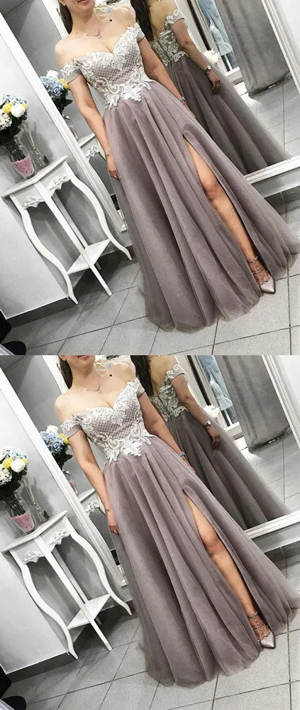 Gray tulle lace long prom dress, gray lace evening dress