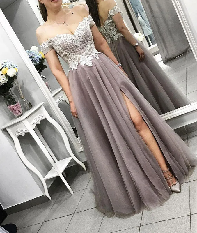 Gray tulle lace long prom dress, gray lace evening dress