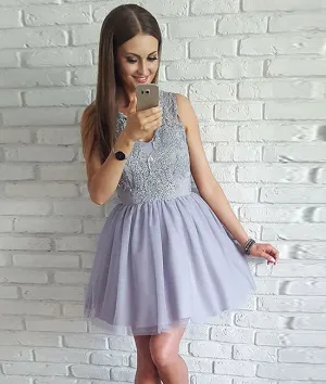 Gray v neck lace tulle short prom dress homecoming dress